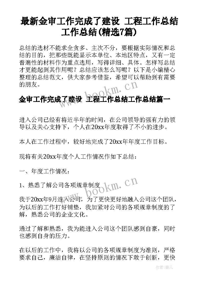 最新金审工作完成了建设 工程工作总结工作总结(精选7篇)