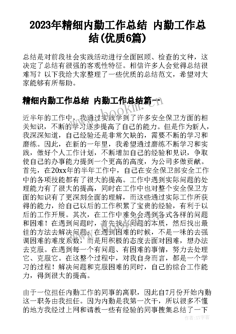 2023年精细内勤工作总结 内勤工作总结(优质6篇)