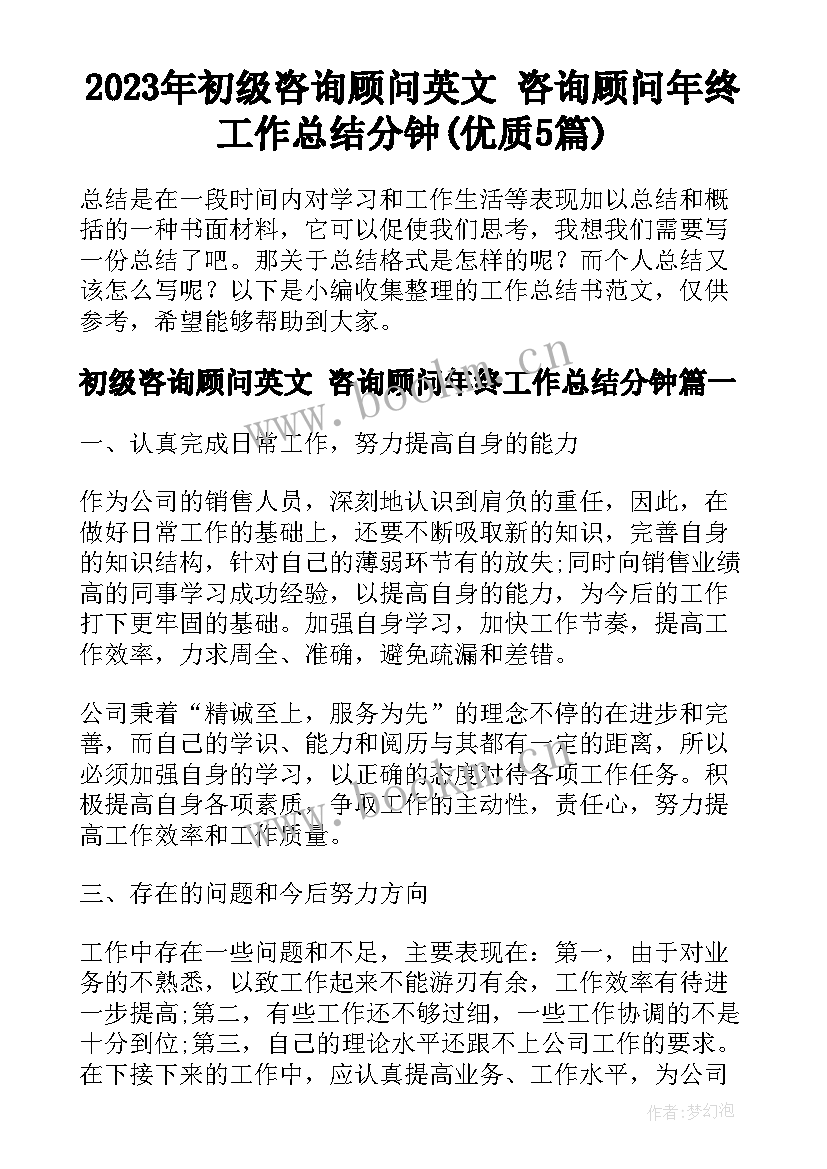 2023年初级咨询顾问英文 咨询顾问年终工作总结分钟(优质5篇)