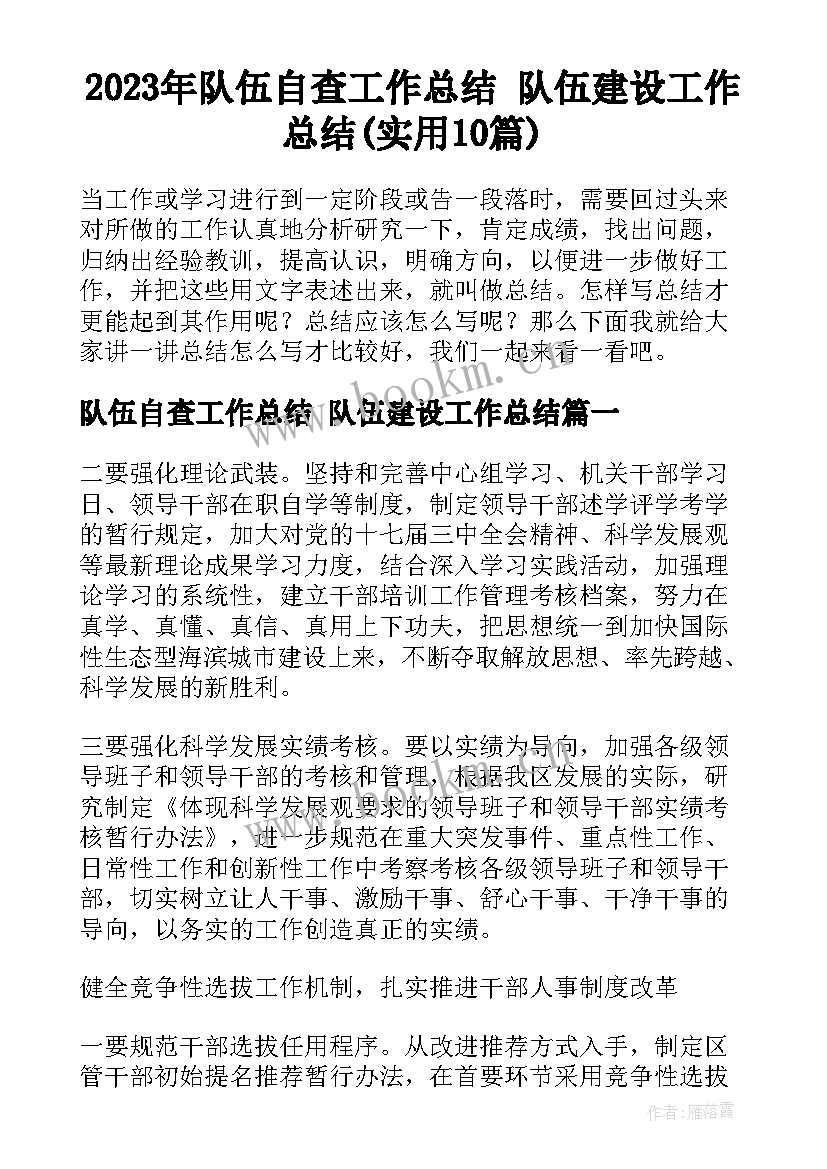 2023年队伍自查工作总结 队伍建设工作总结(实用10篇)