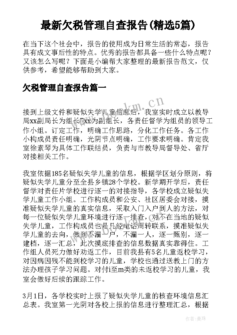 最新欠税管理自查报告(精选5篇)