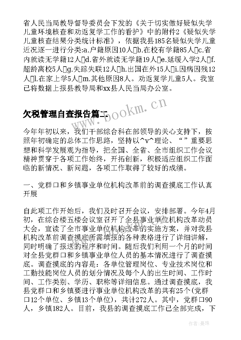 最新欠税管理自查报告(精选5篇)