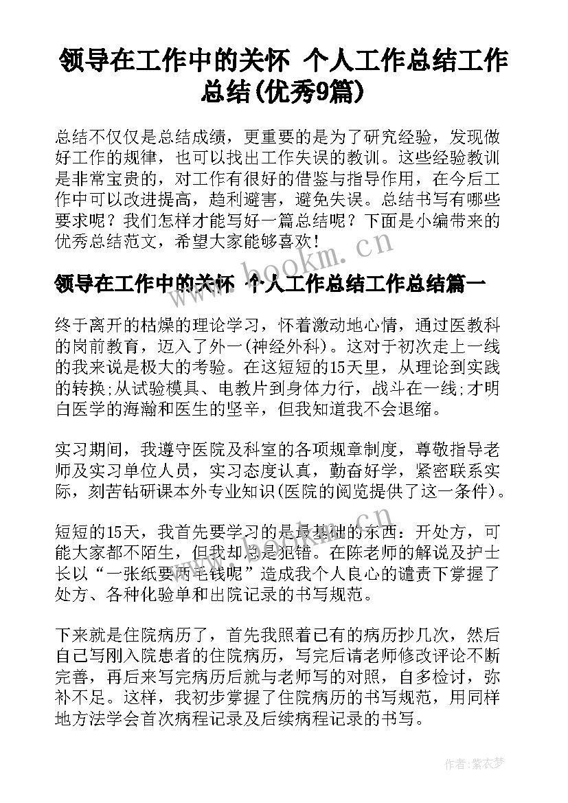 领导在工作中的关怀 个人工作总结工作总结(优秀9篇)