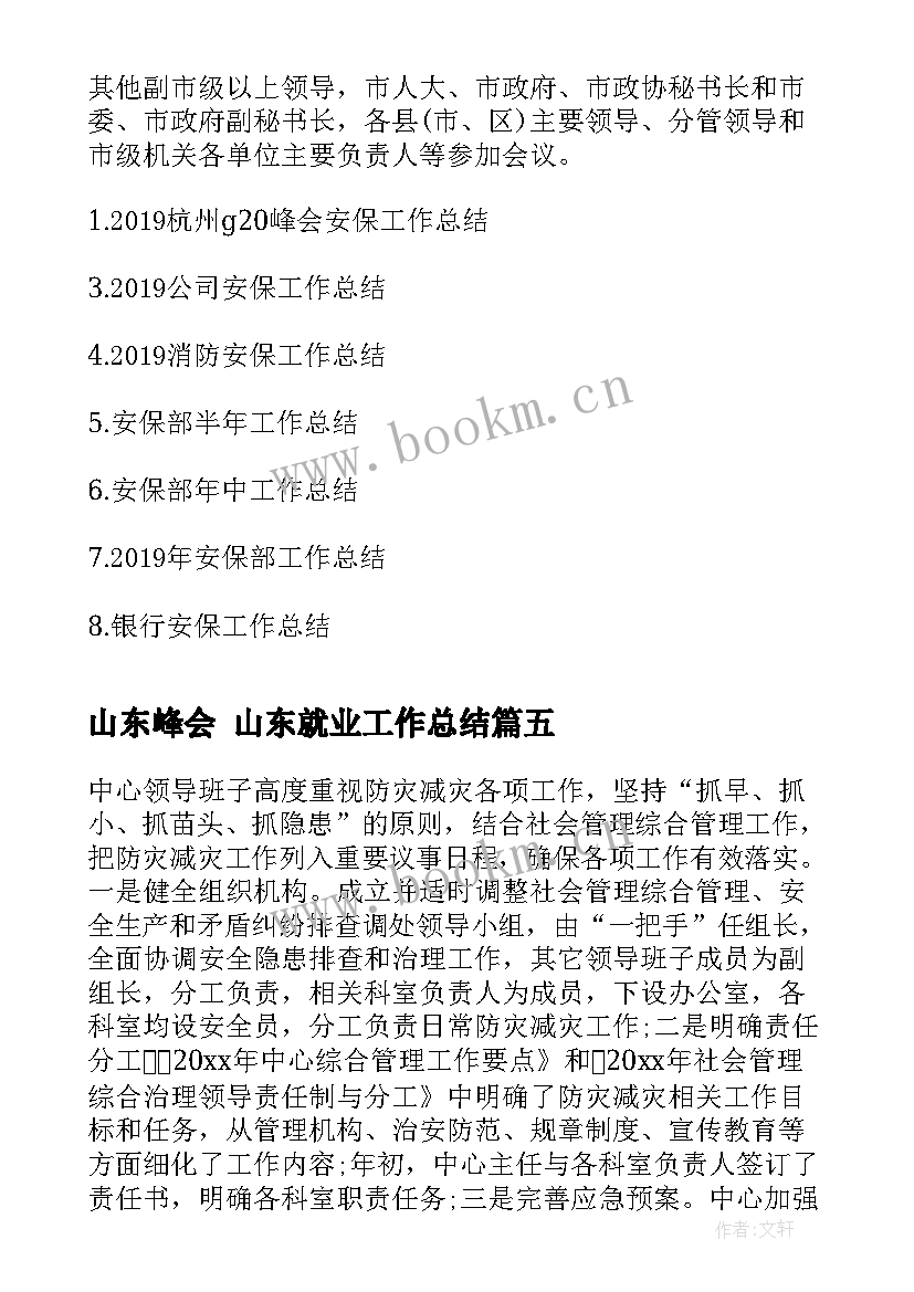 山东峰会 山东就业工作总结(模板5篇)