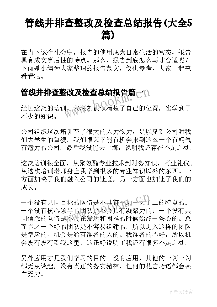 管线井排查整改及检查总结报告(大全5篇)