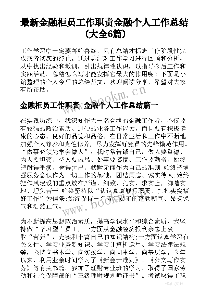 最新金融柜员工作职责 金融个人工作总结(大全6篇)