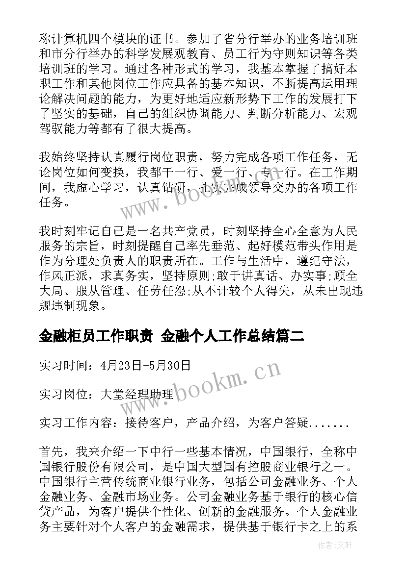 最新金融柜员工作职责 金融个人工作总结(大全6篇)