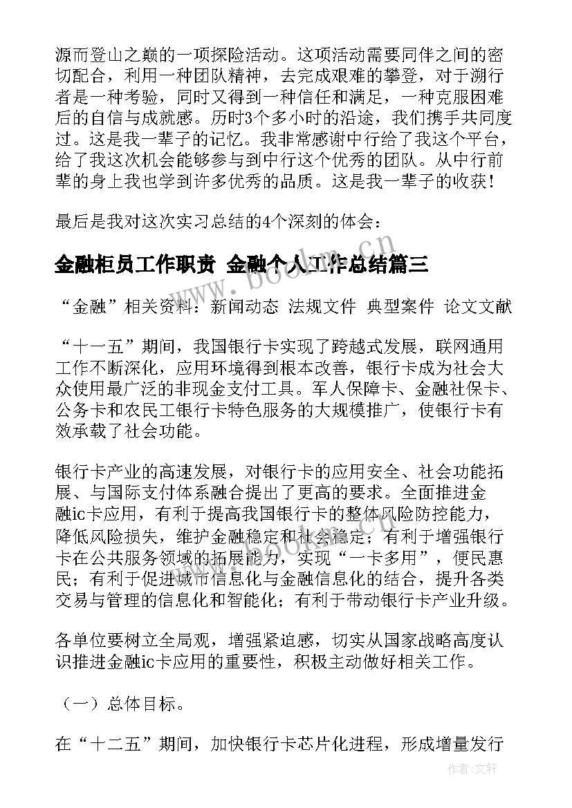 最新金融柜员工作职责 金融个人工作总结(大全6篇)