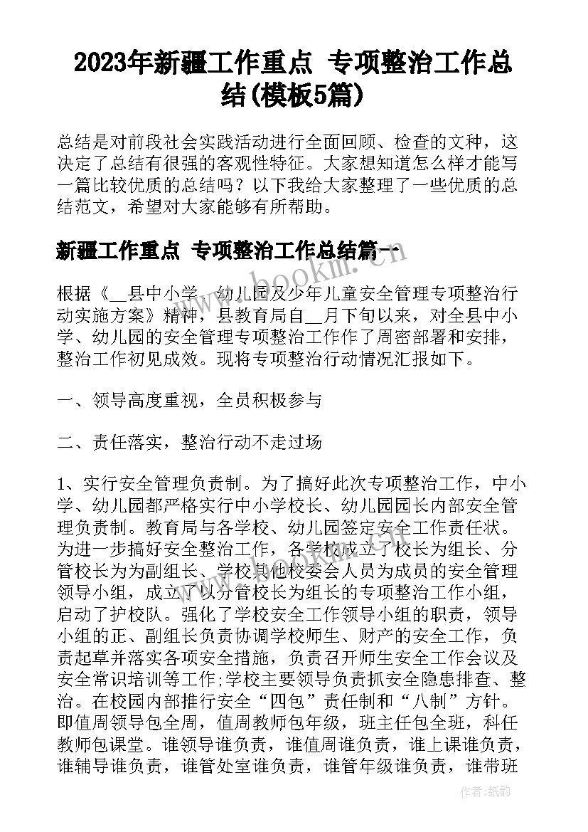 2023年新疆工作重点 专项整治工作总结(模板5篇)