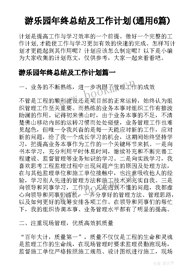 游乐园年终总结及工作计划(通用6篇)