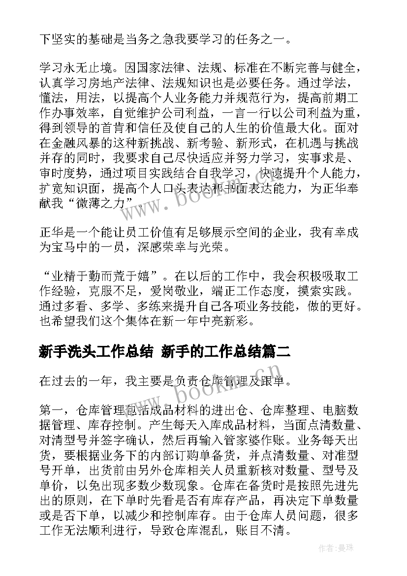 最新新手洗头工作总结 新手的工作总结(通用10篇)