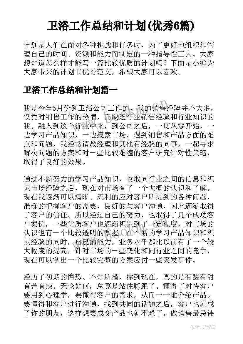 卫浴工作总结和计划(优秀6篇)