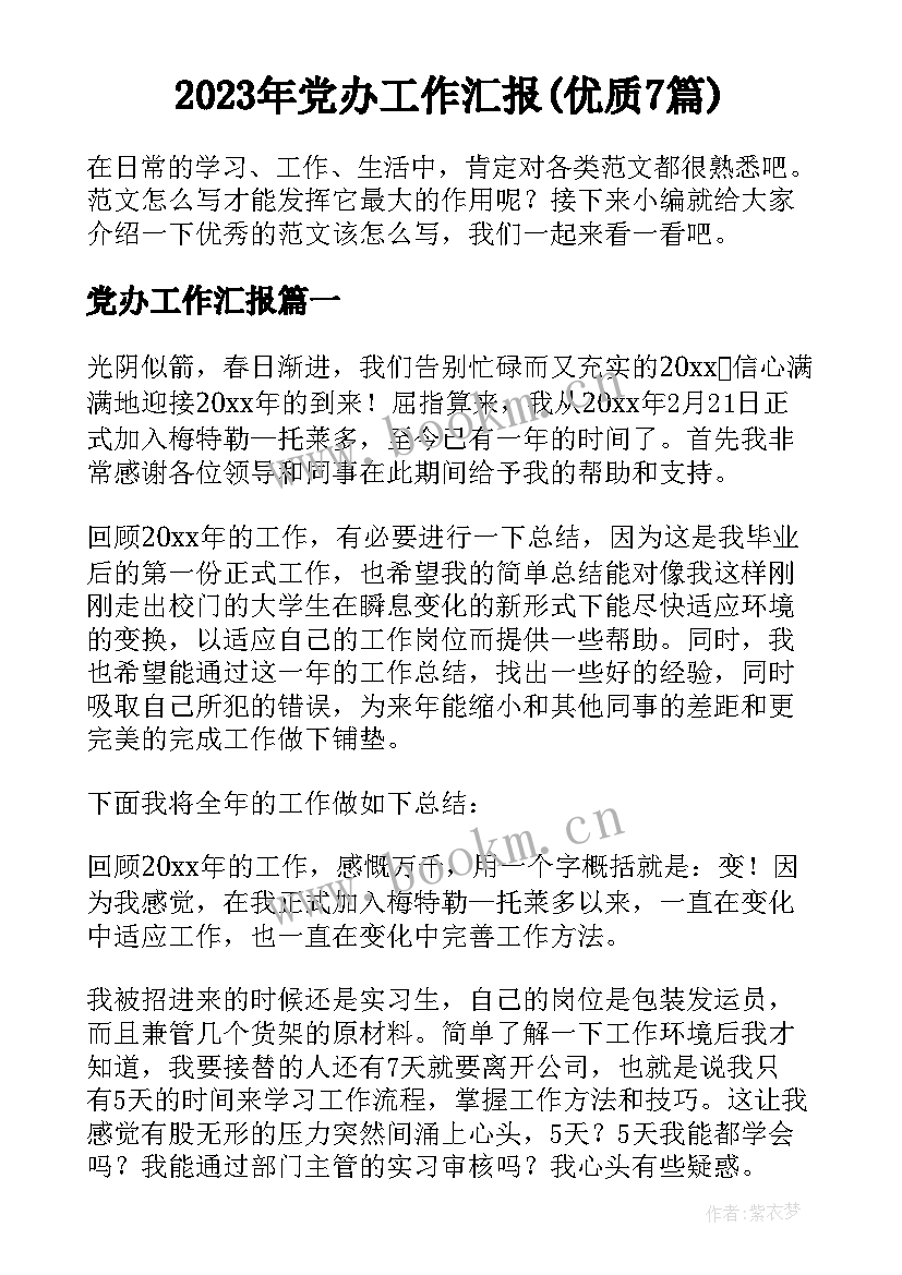 2023年党办工作汇报(优质7篇)