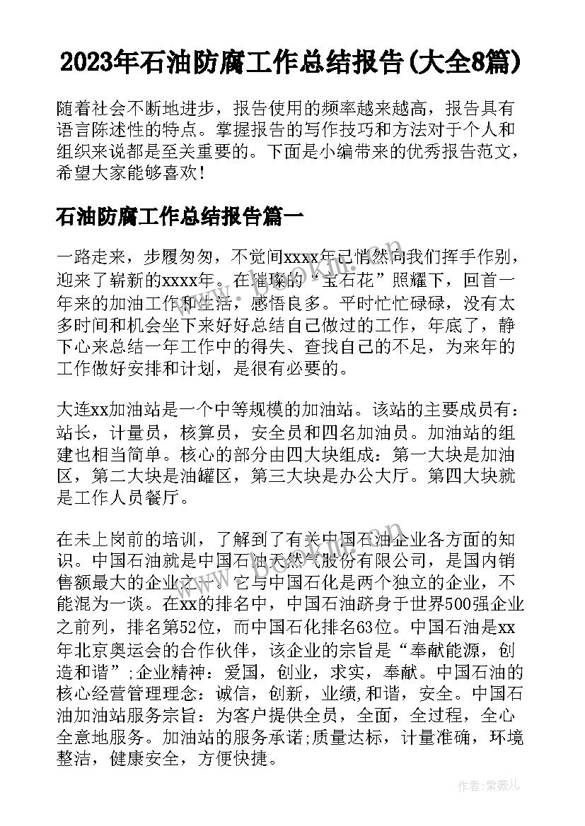 2023年石油防腐工作总结报告(大全8篇)