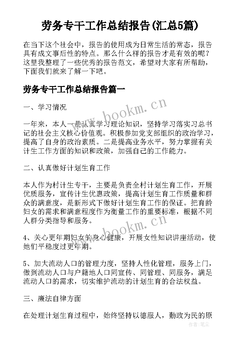 劳务专干工作总结报告(汇总5篇)