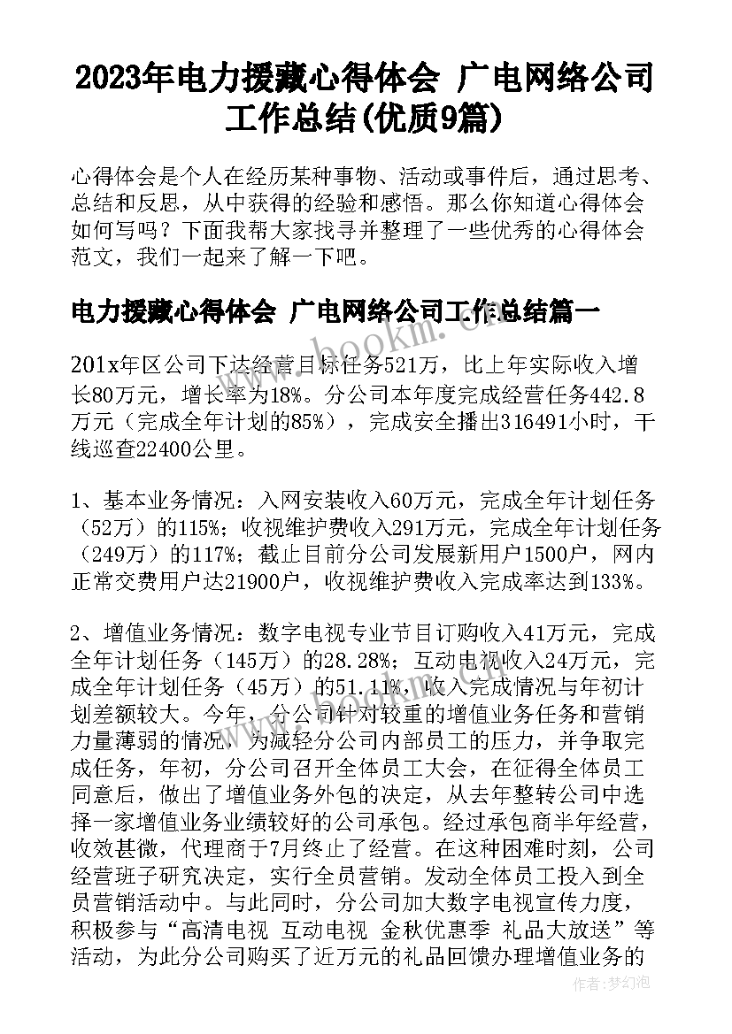 2023年电力援藏心得体会 广电网络公司工作总结(优质9篇)