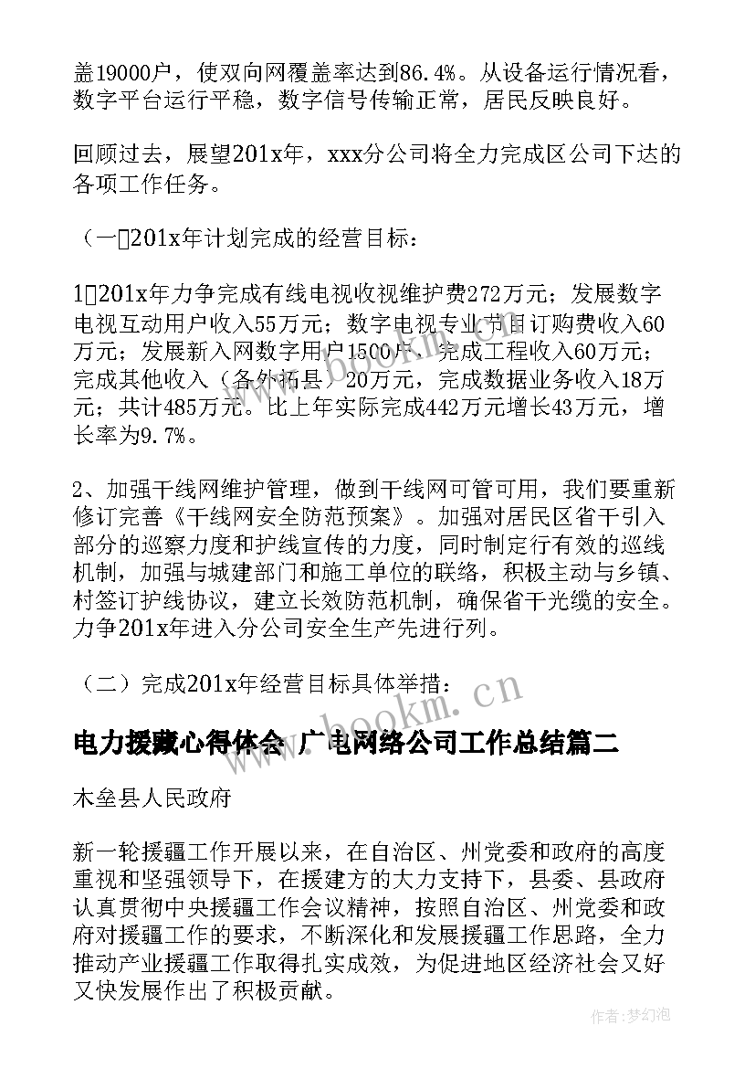 2023年电力援藏心得体会 广电网络公司工作总结(优质9篇)