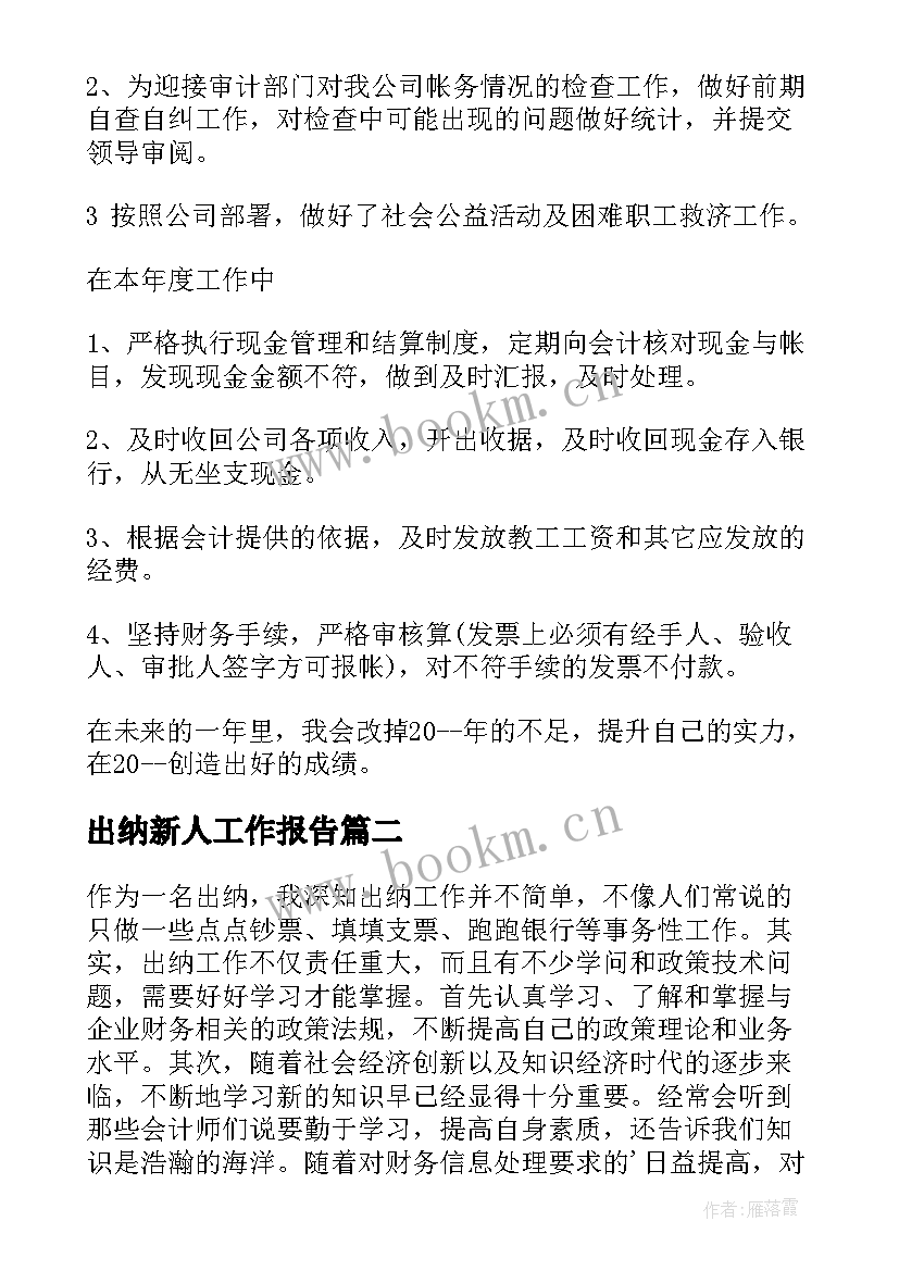 2023年出纳新人工作报告(实用7篇)