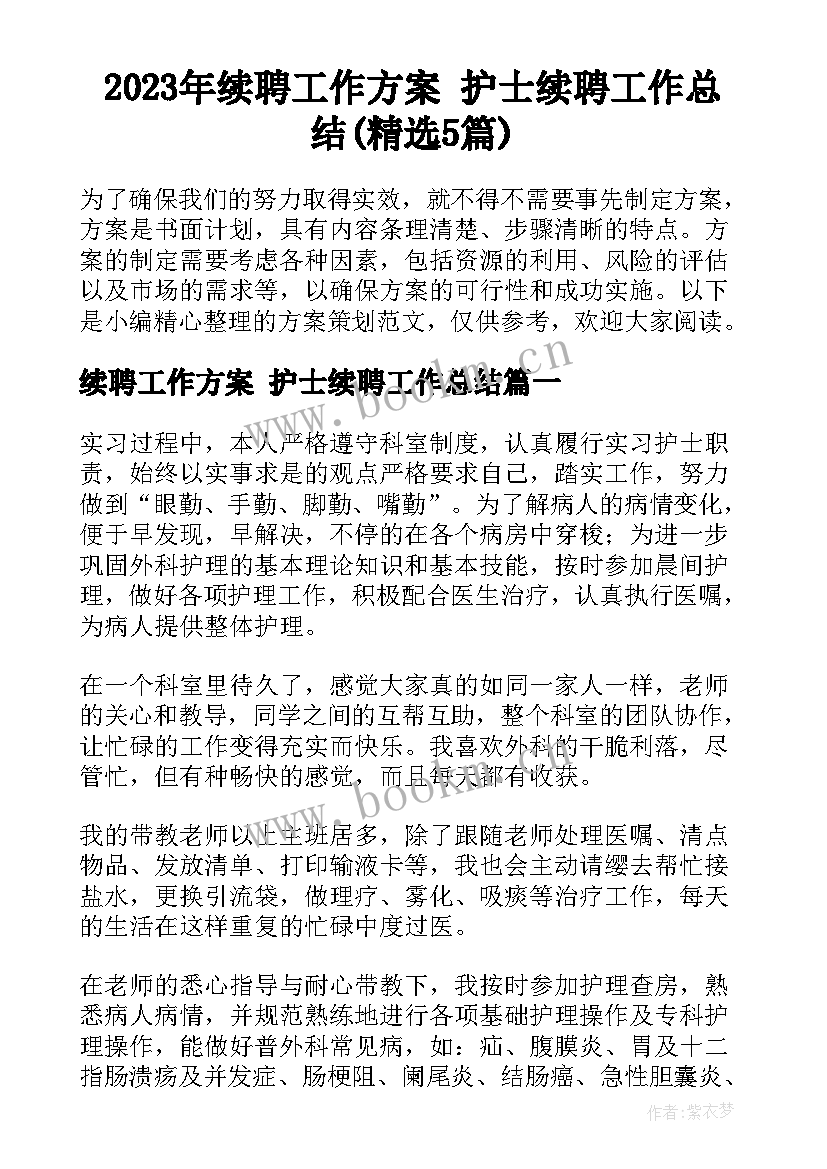 2023年续聘工作方案 护士续聘工作总结(精选5篇)