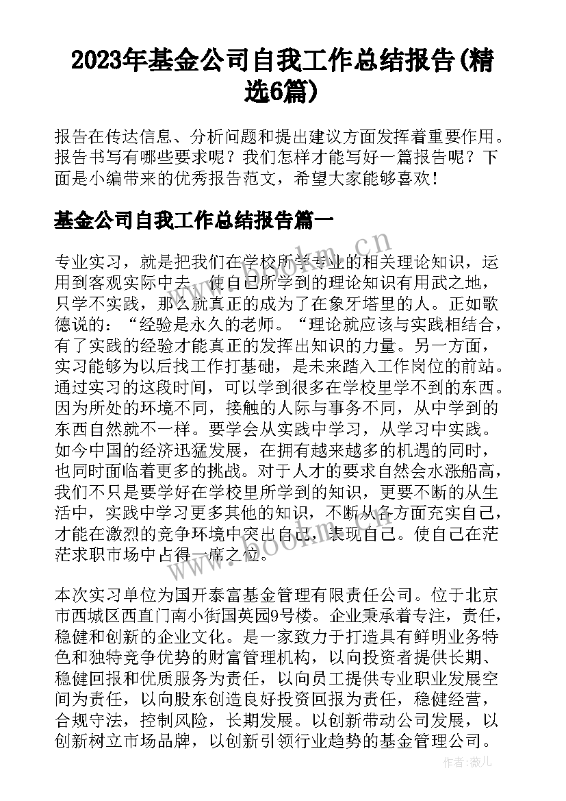 2023年基金公司自我工作总结报告(精选6篇)