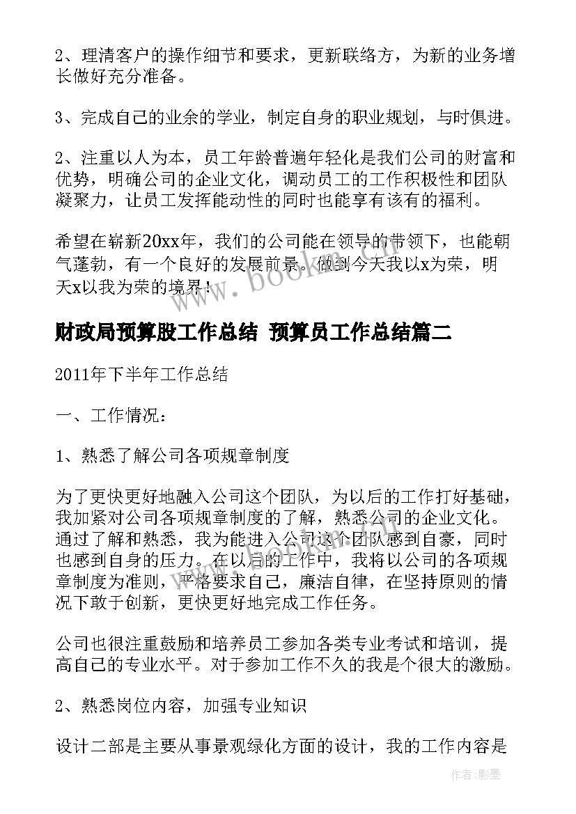 2023年财政局预算股工作总结 预算员工作总结(模板9篇)