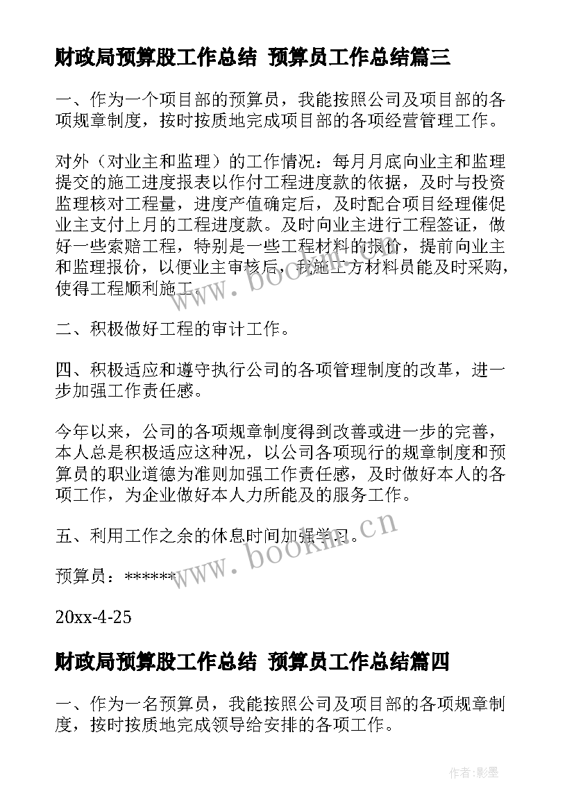 2023年财政局预算股工作总结 预算员工作总结(模板9篇)