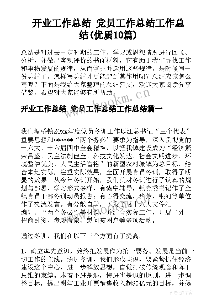 开业工作总结 党员工作总结工作总结(优质10篇)