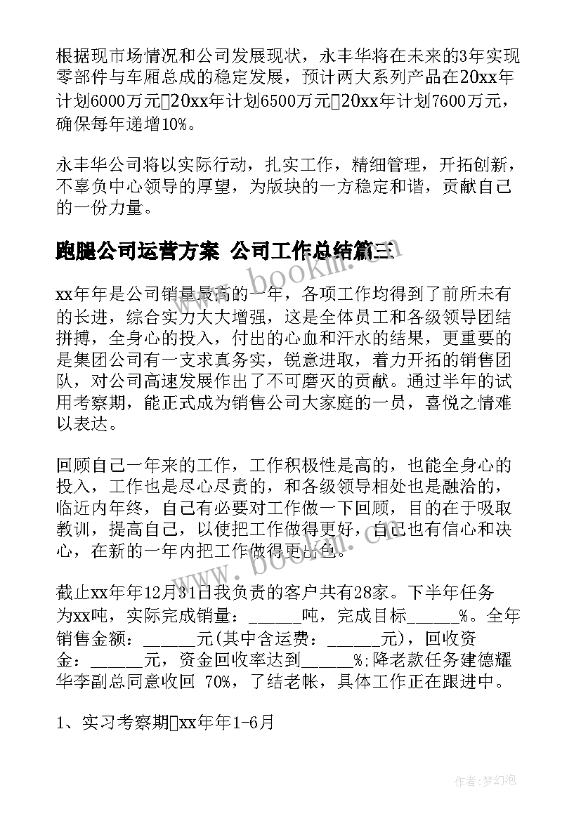 2023年跑腿公司运营方案 公司工作总结(大全10篇)