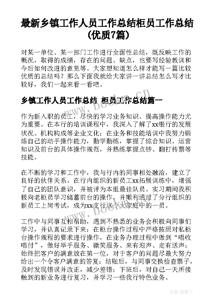 最新乡镇工作人员工作总结 柜员工作总结(优质7篇)