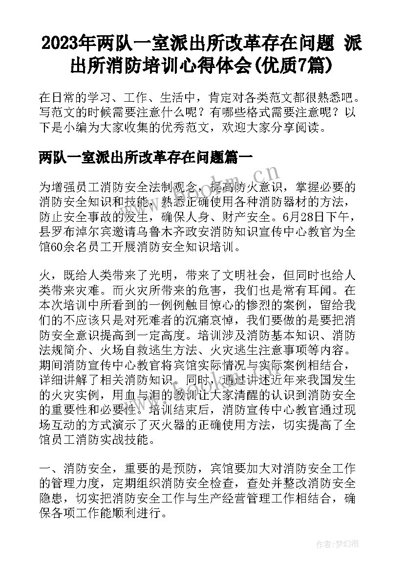 2023年两队一室派出所改革存在问题 派出所消防培训心得体会(优质7篇)