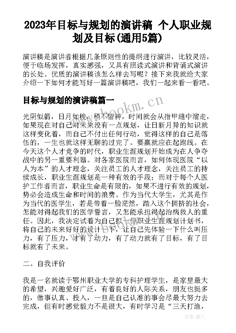 2023年目标与规划的演讲稿 个人职业规划及目标(通用5篇)