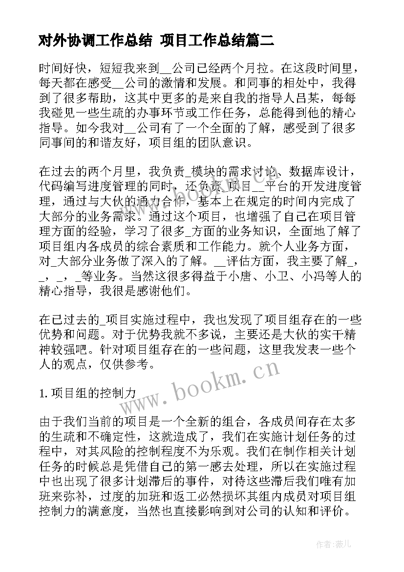 对外协调工作总结 项目工作总结(优质6篇)