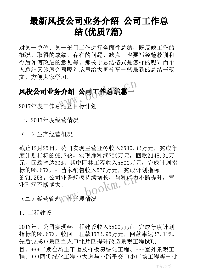 最新风投公司业务介绍 公司工作总结(优质7篇)