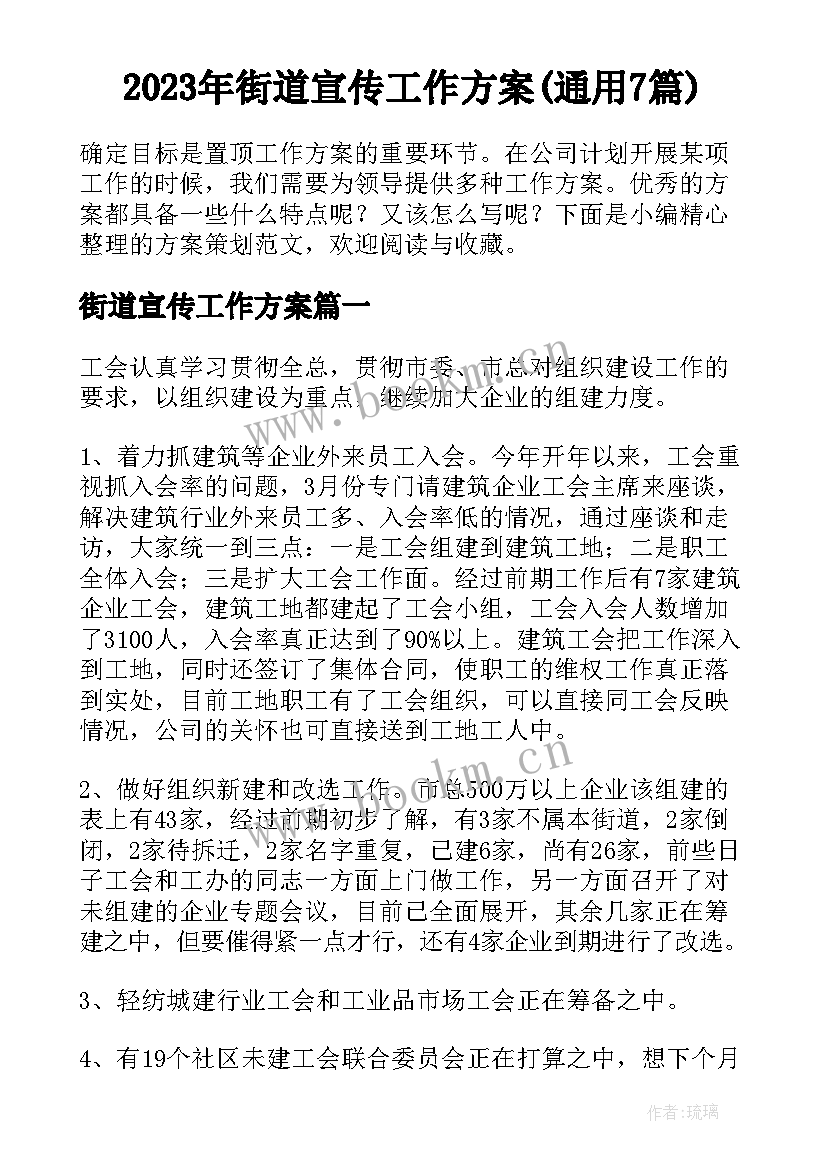 2023年街道宣传工作方案(通用7篇)