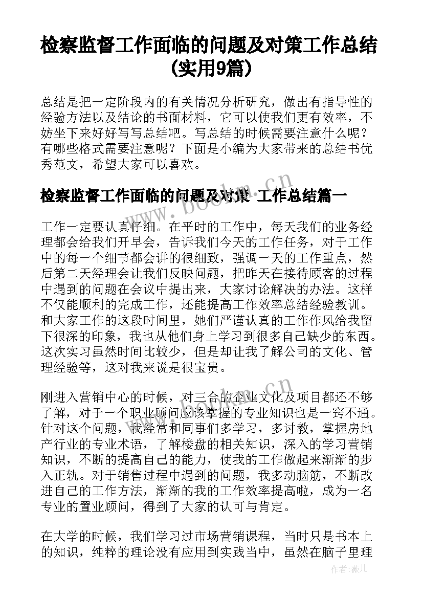 检察监督工作面临的问题及对策 工作总结(实用9篇)