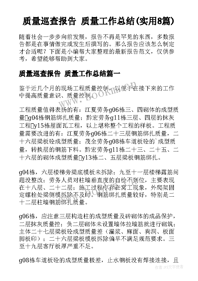 质量巡查报告 质量工作总结(实用8篇)