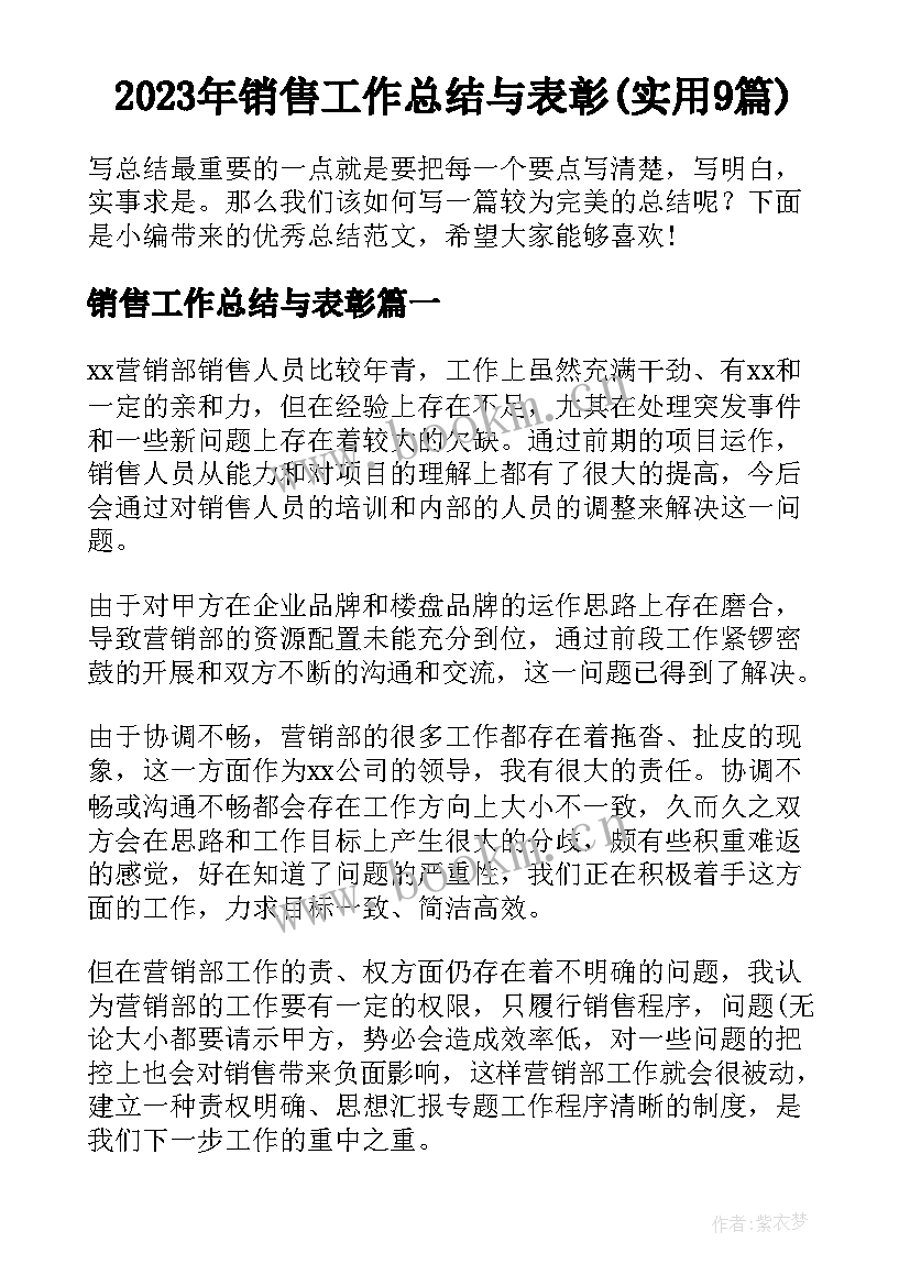 2023年销售工作总结与表彰(实用9篇)