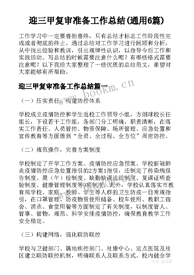 迎三甲复审准备工作总结(通用6篇)