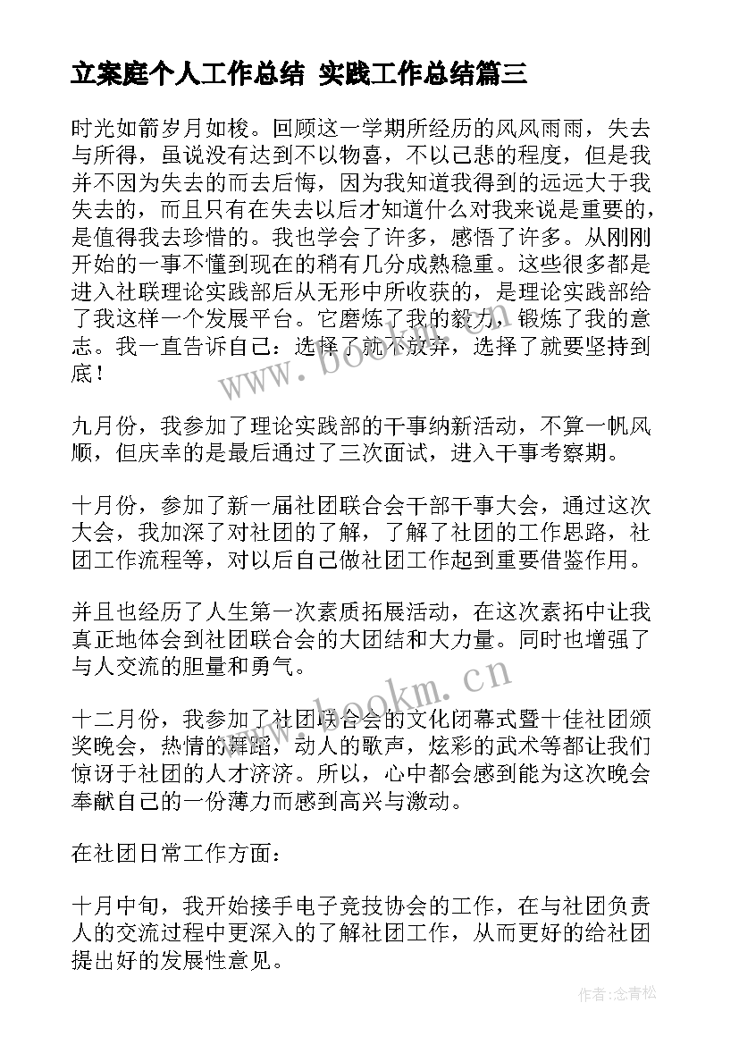 2023年立案庭个人工作总结 实践工作总结(实用7篇)