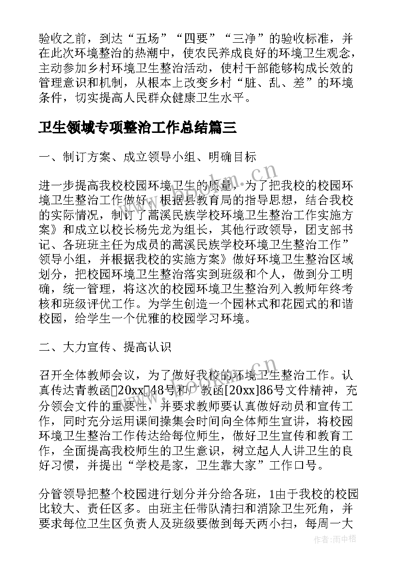 2023年卫生领域专项整治工作总结(实用8篇)