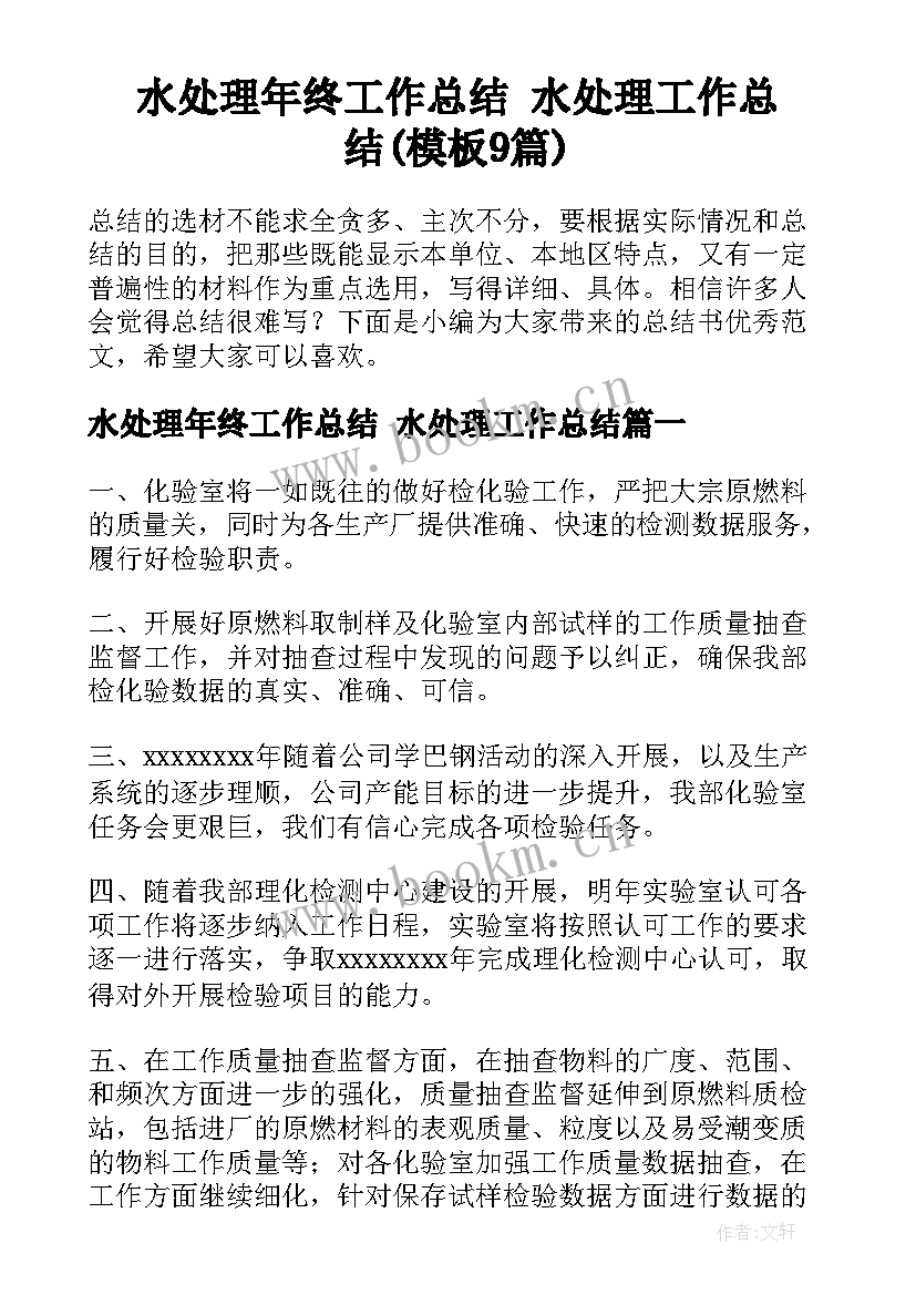 水处理年终工作总结 水处理工作总结(模板9篇)