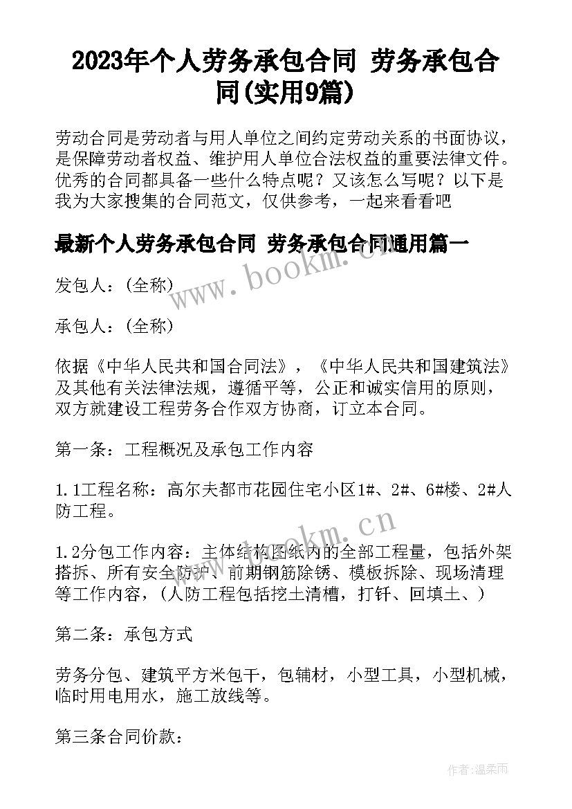 2023年个人劳务承包合同 劳务承包合同(实用9篇)