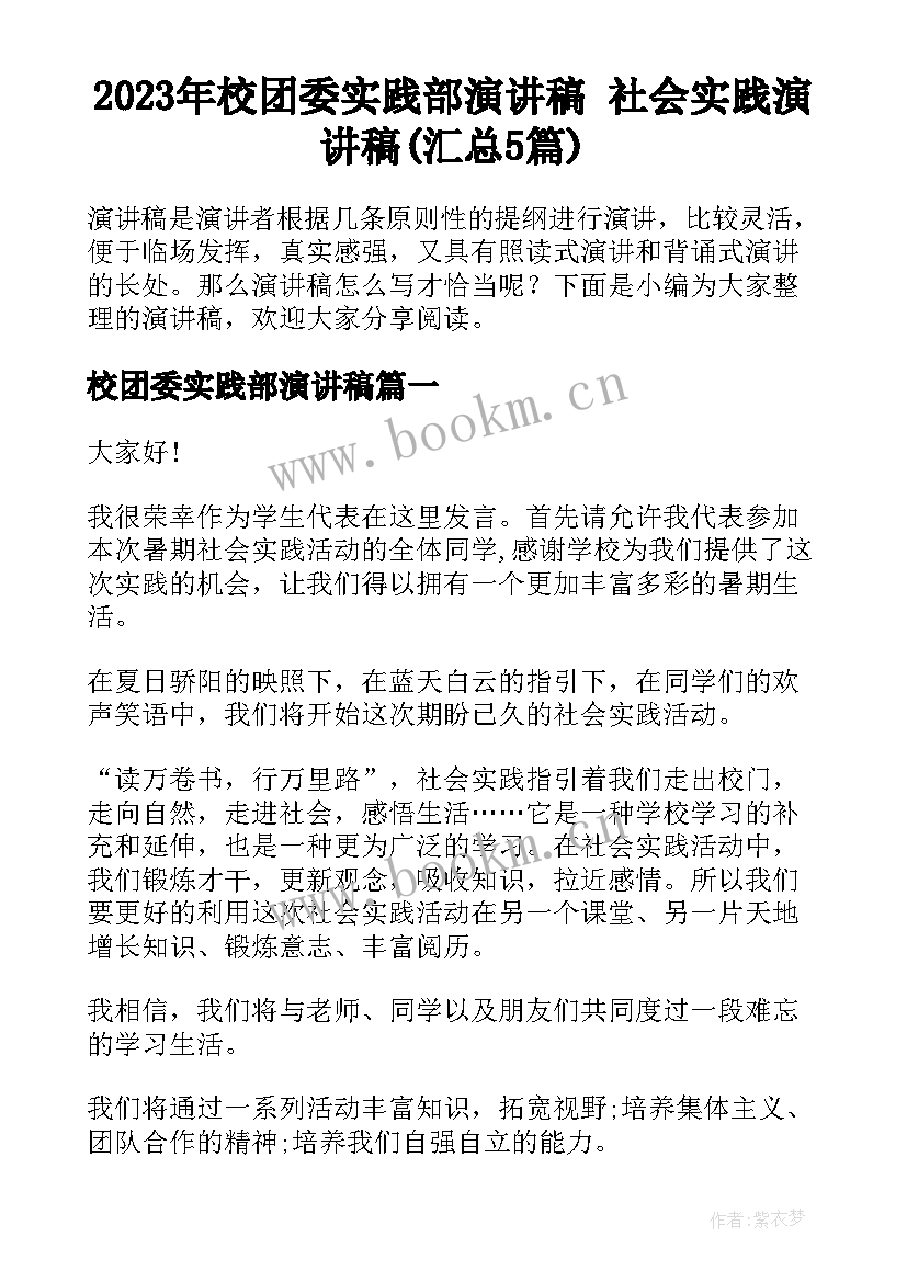 2023年校团委实践部演讲稿 社会实践演讲稿(汇总5篇)