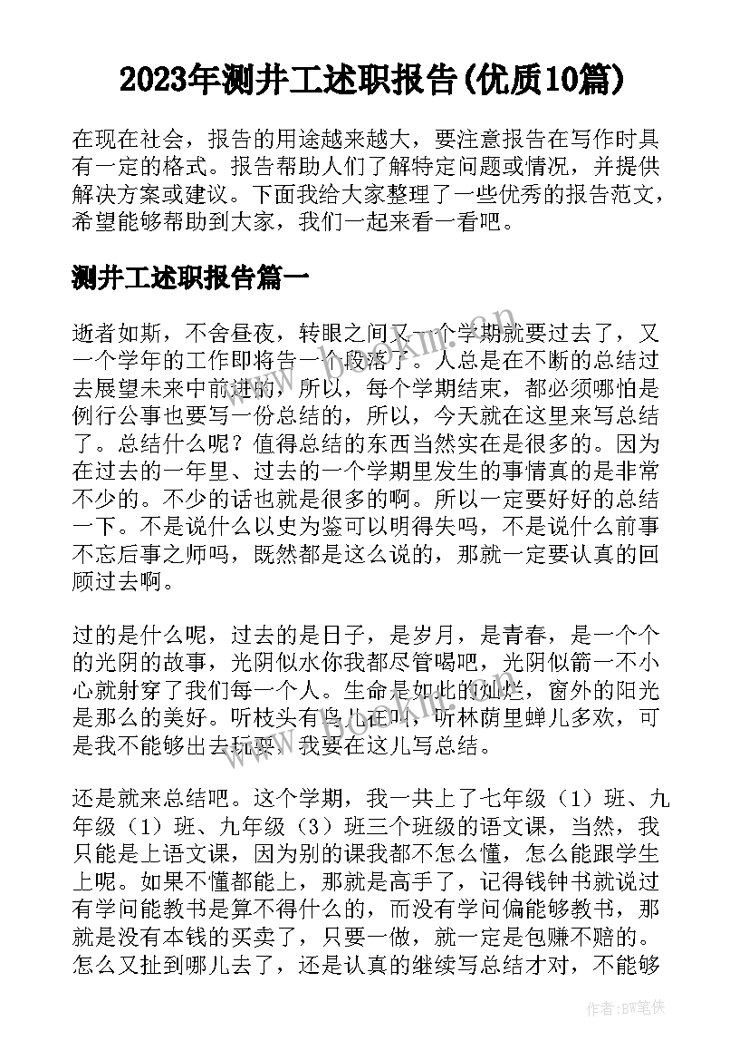 2023年测井工述职报告(优质10篇)