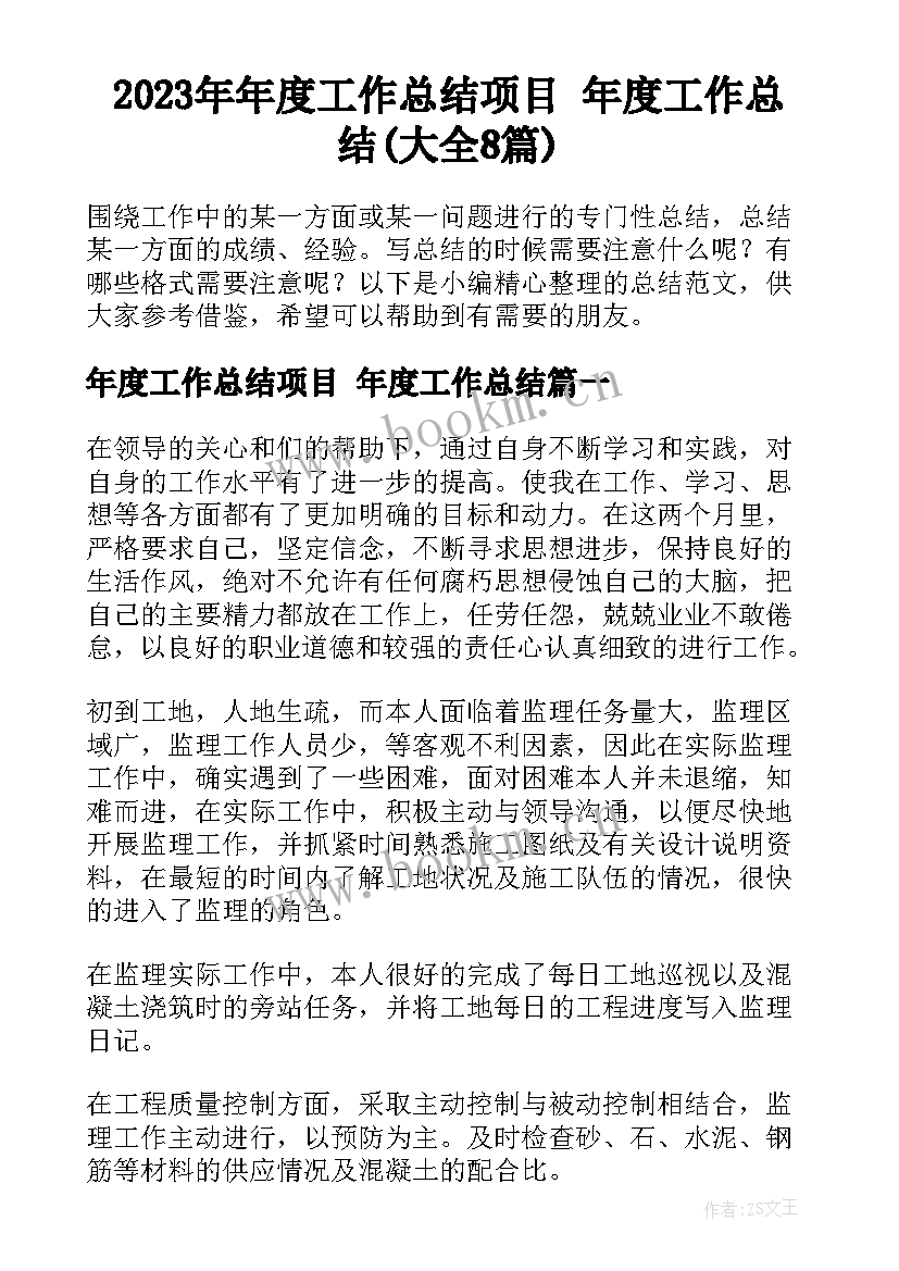 2023年年度工作总结项目 年度工作总结(大全8篇)