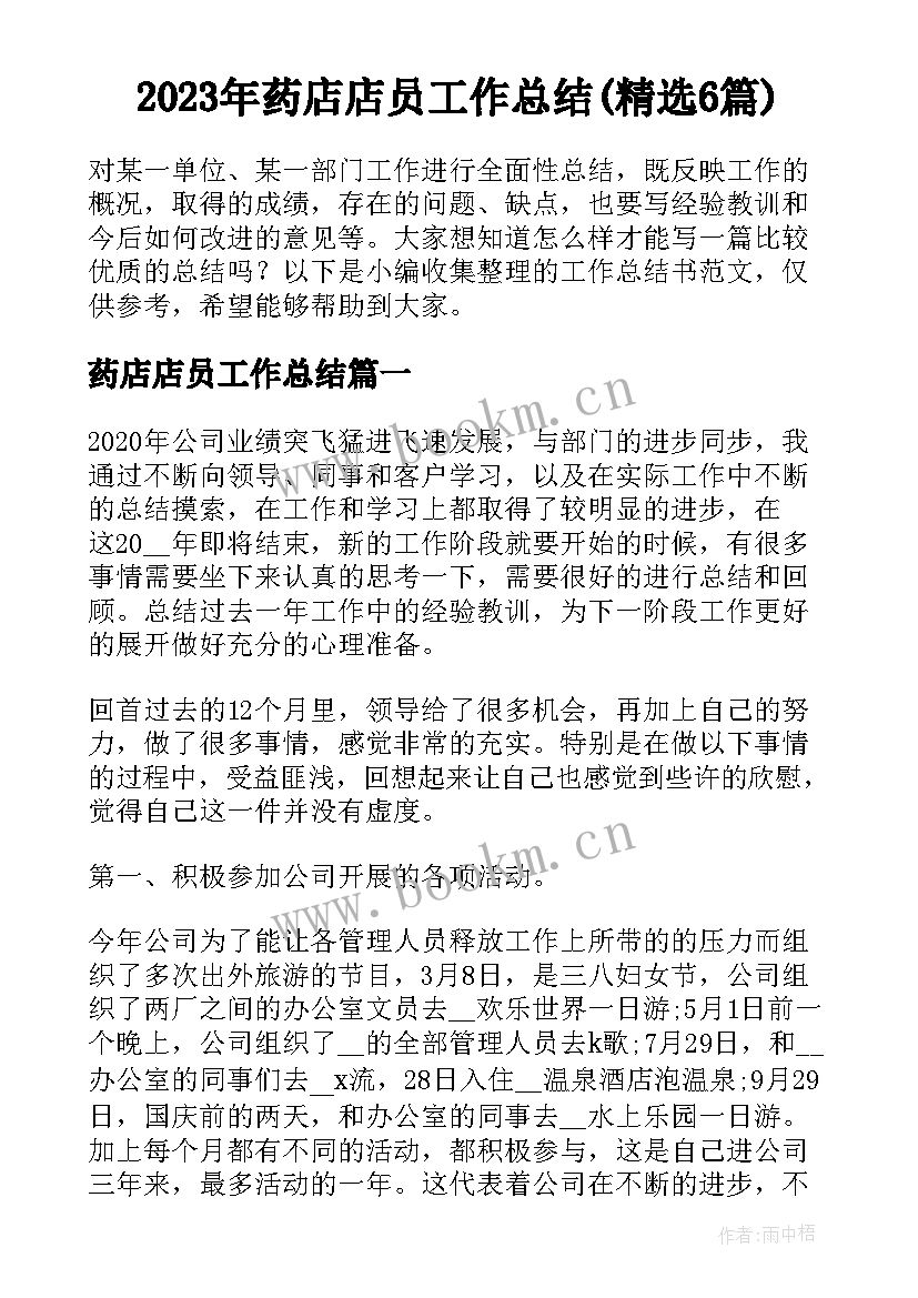 2023年药店店员工作总结(精选6篇)