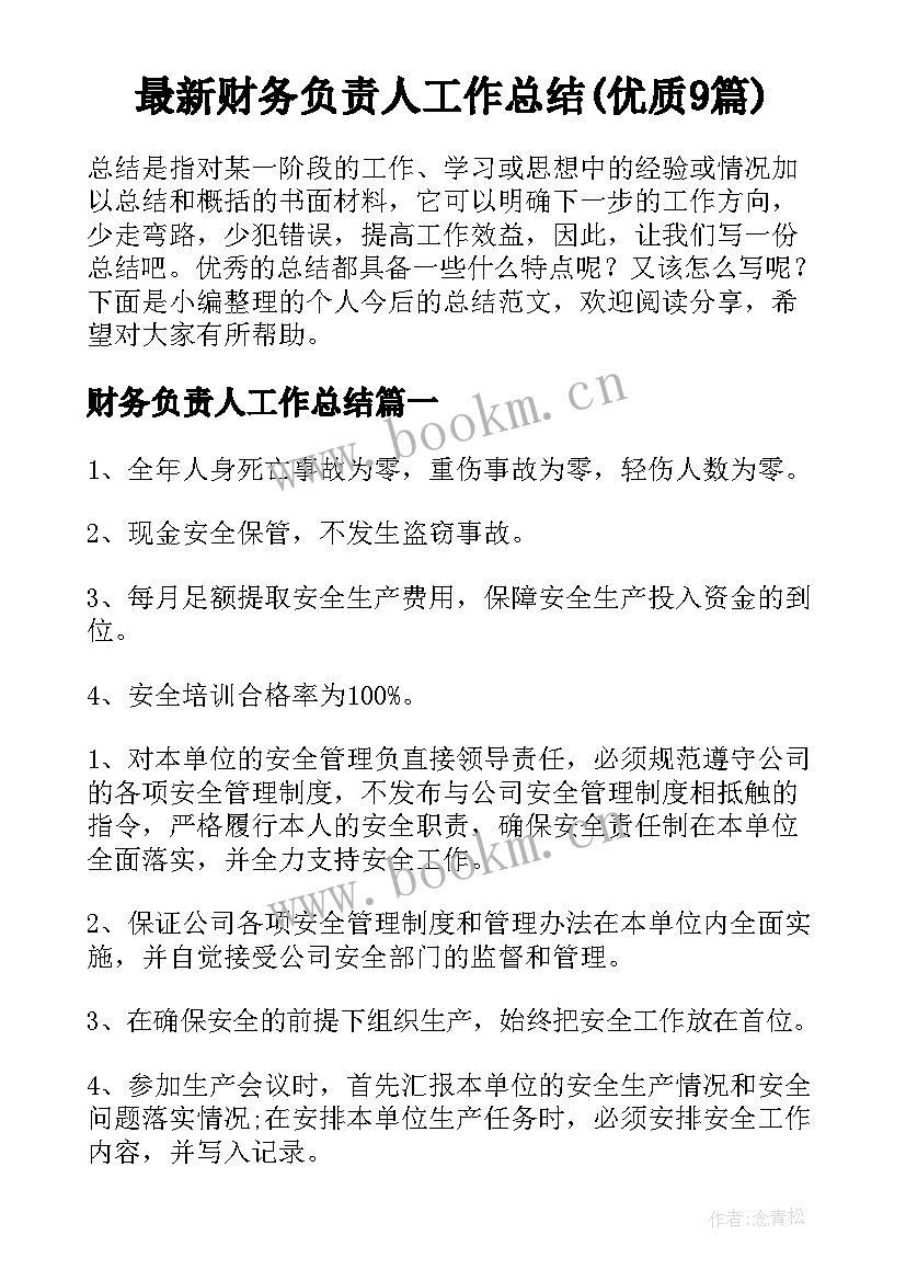 最新财务负责人工作总结(优质9篇)