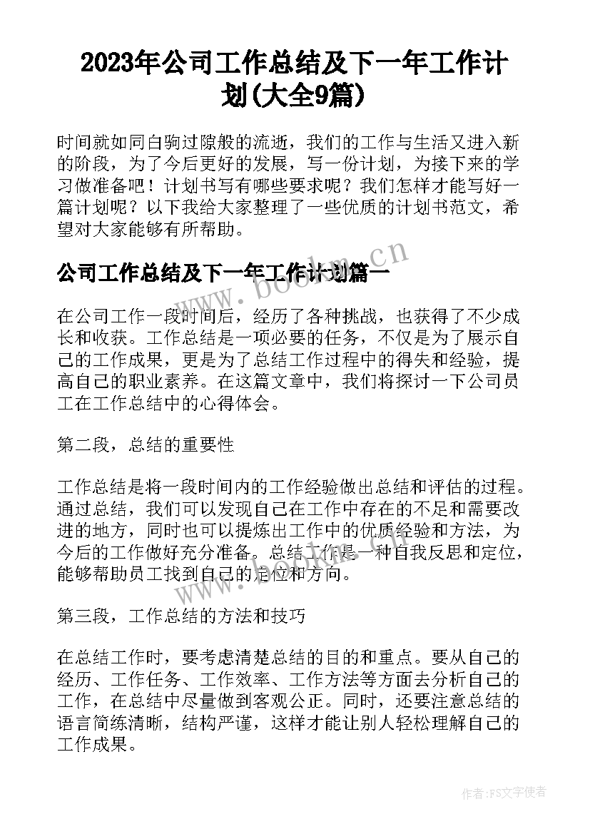 2023年公司工作总结及下一年工作计划(大全9篇)