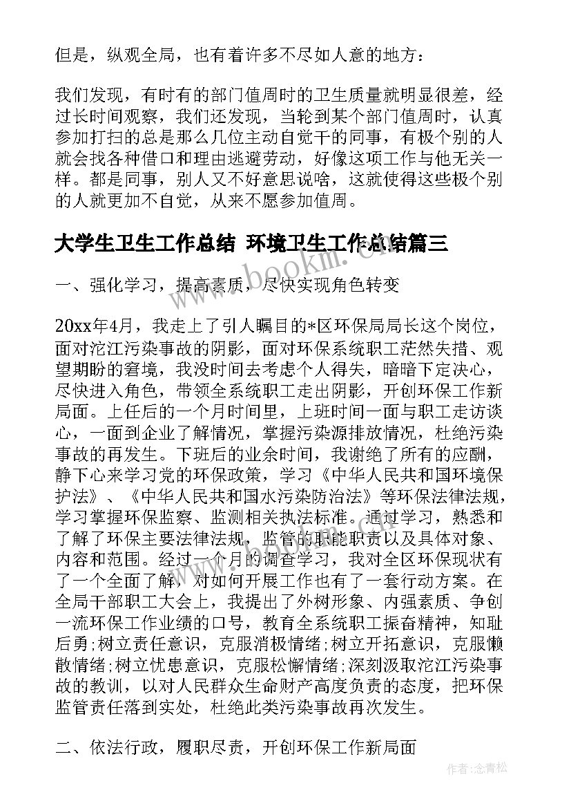 最新大学生卫生工作总结 环境卫生工作总结(模板9篇)