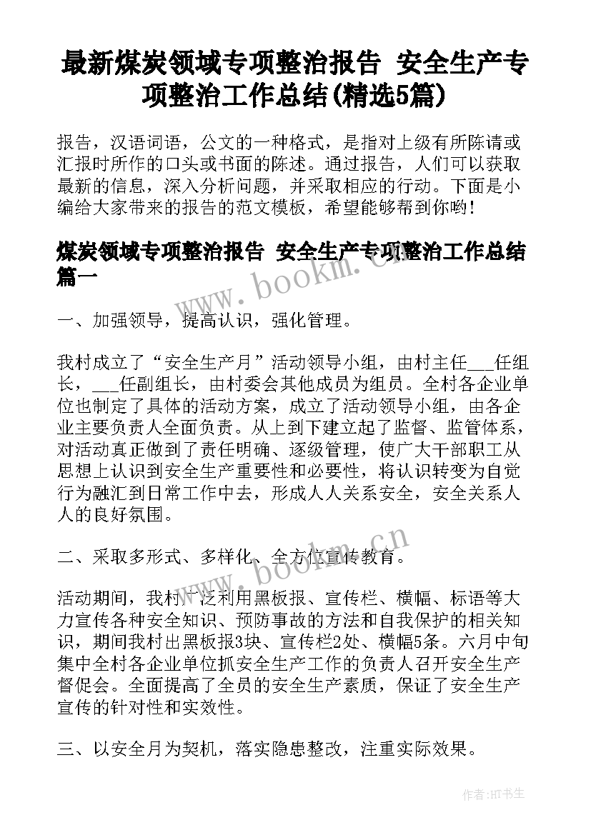 最新煤炭领域专项整治报告 安全生产专项整治工作总结(精选5篇)